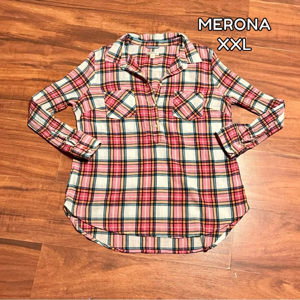Merona Pink and White Plaid Shirt